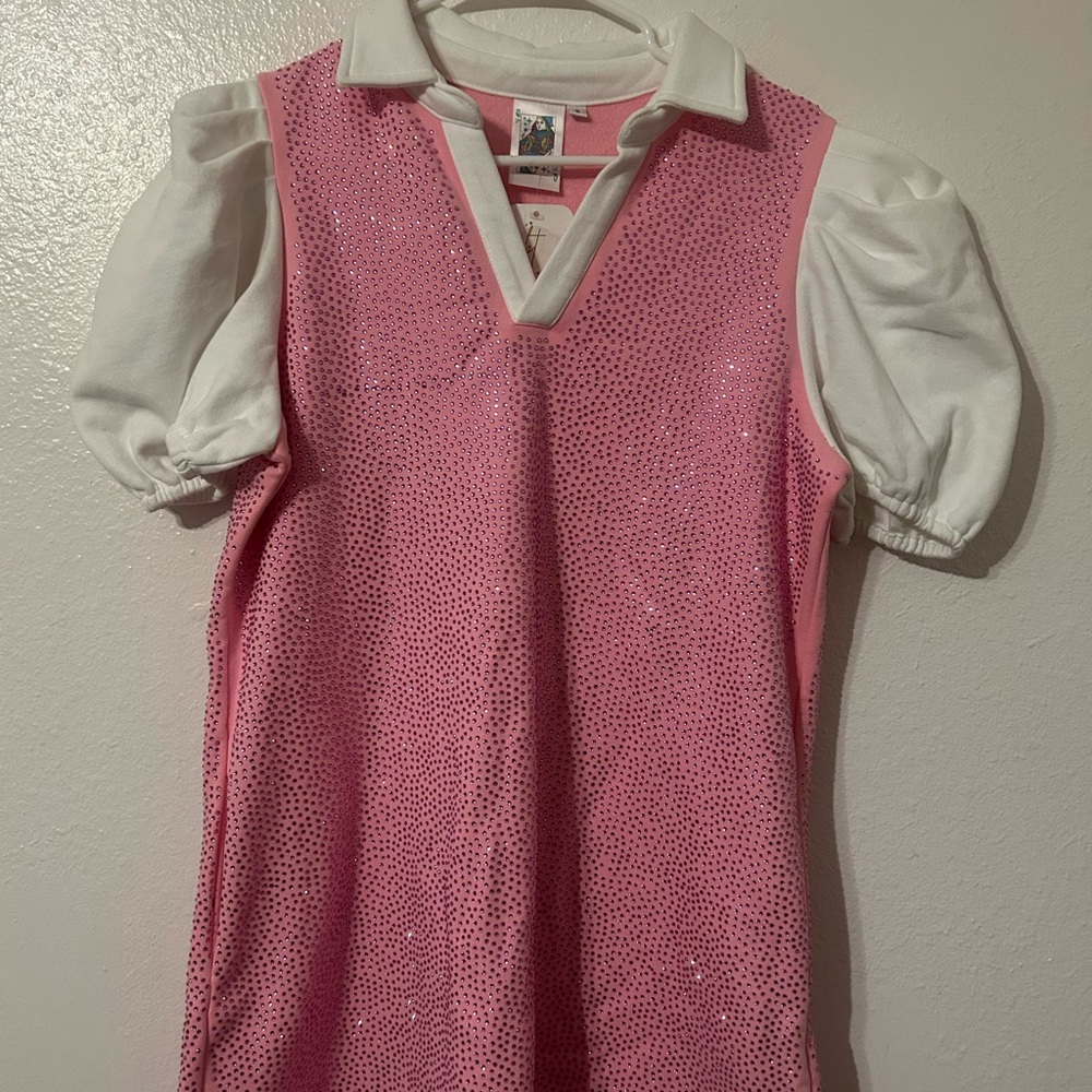 Queen of Sparkles Pink Sequin Sleeveless Polo Dress with White Puff Sleeve Top